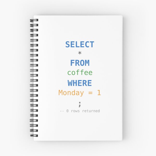 Item preview, SELECT FROM Coffee WHERE Monday SQL Query Humour designed and sold by ShirtDotExe.