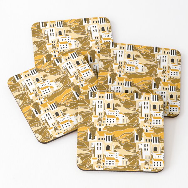 Item preview, Mediterranean Village Pattern Geometric Coastal Cityscape Art in Ochre designed and sold by HillsandSheep.