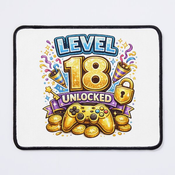 Item preview, 18th Birthday motif "Level 18 unlocked" with game controller and party symbols designed and sold by Adrikul.