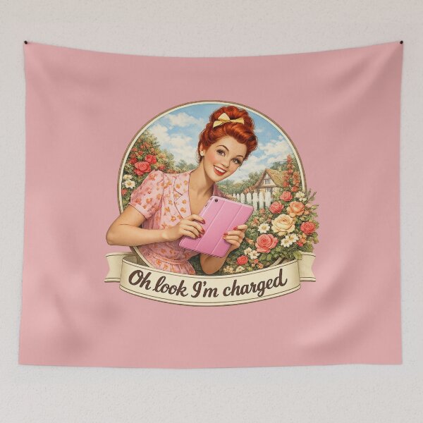 Item preview, Vintage red haired lady holding tablet designed and sold by BritishDelights.