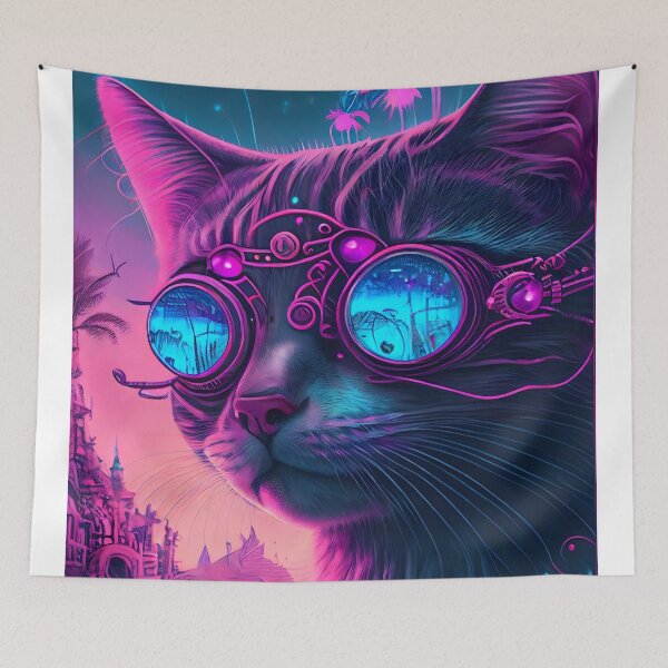 Item preview, Synthwave Style Cyber Cat - Fantastic Art Uniting Pet with Retro Futurism designed and sold by Hipatye26.