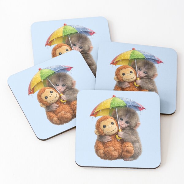 Item preview, Team Punch - Cute Baby Monkey Punch with Umbrella Protecting Plush Orangutan from the rain | Kawaii Rainy Day Umbrella Illustration designed and sold by PopCulturePixel.