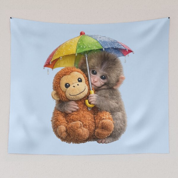 Item preview, Team Punch - Cute Baby Monkey Punch with Umbrella Protecting Plush Orangutan from the rain | Kawaii Rainy Day Umbrella Illustration designed and sold by PopCulturePixel.