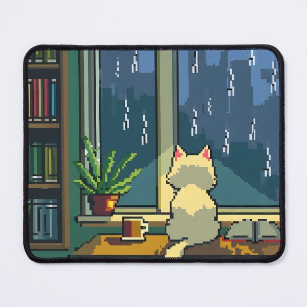 Item preview, Cozy Pixel Cafe on a Rainy Spring Day – 8-Bit Game Boy Style Cat and Coffee Scene designed and sold by ThePixelArchive.