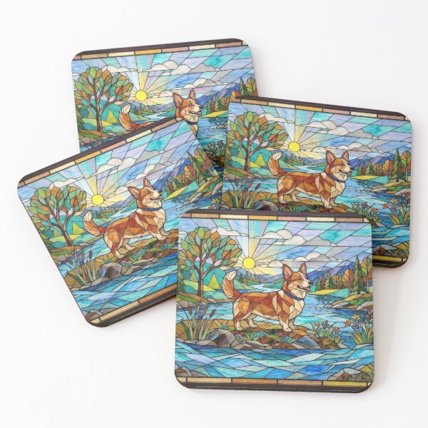 Item preview, Stained Glass Corgi Mountain River Scene designed and sold by Meteor Destroyer.