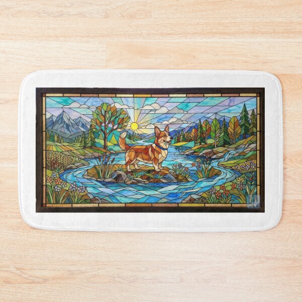 Item preview, Stained Glass Corgi Mountain River Scene designed and sold by Meteor Destroyer.