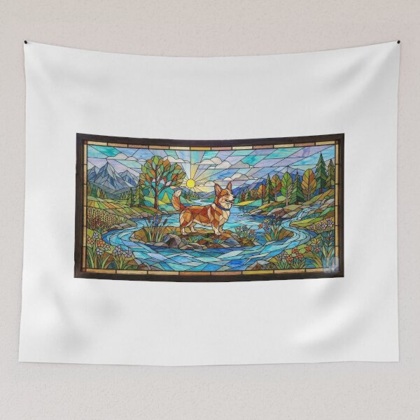 Item preview, Stained Glass Corgi Mountain River Scene designed and sold by Meteor Destroyer.