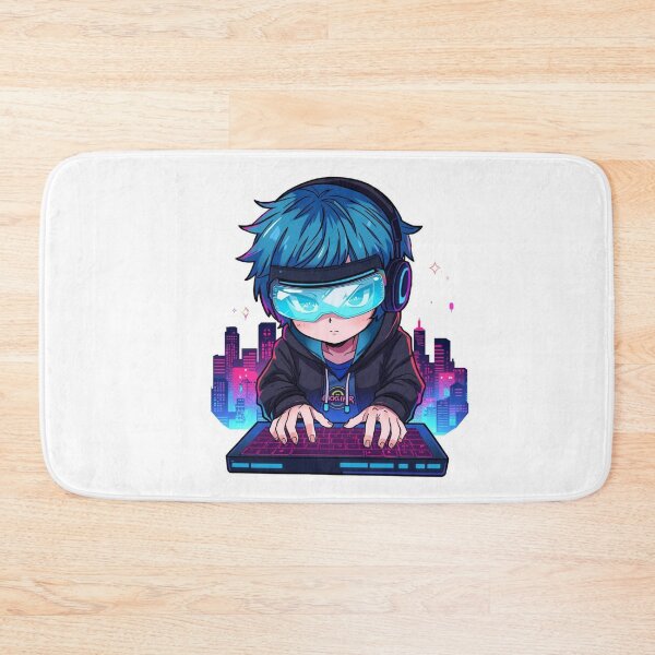 Item preview, Cyberpunk Anime Hacker Boy Typing Neon Digital Code designed and sold by Animepopstudio.