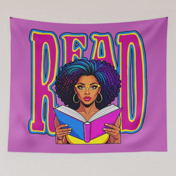 Item preview, Read Graphic 80s 90s Book Lover Neon African-American Woman Yellow Purple Teal Blue Pop Art designed and sold by pillarofme.