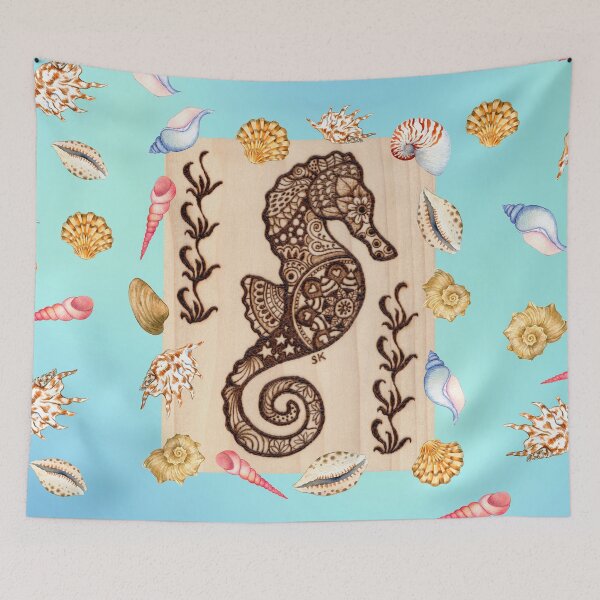 Item preview, Seahorse Tangle Woodburn with Seashells designed and sold by MoodyMuseArt.