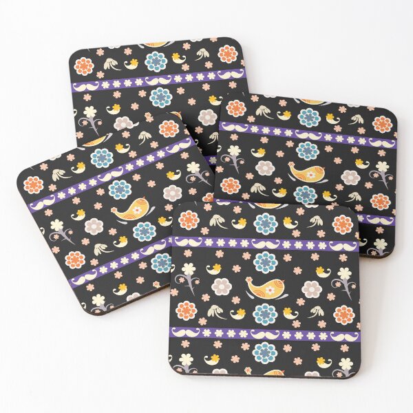 Item preview, Scandinavian Folk Bird Floral Seamless Pattern with Decorative Border on Dark Purple Background designed and sold by CHANCHANAI.