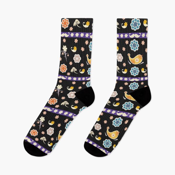 Item preview, Scandinavian Folk Bird Floral Seamless Pattern with Decorative Border on Dark Purple Background designed and sold by CHANCHANAI.