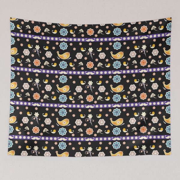 Item preview, Scandinavian Folk Bird Floral Seamless Pattern with Decorative Border on Dark Purple Background designed and sold by CHANCHANAI.