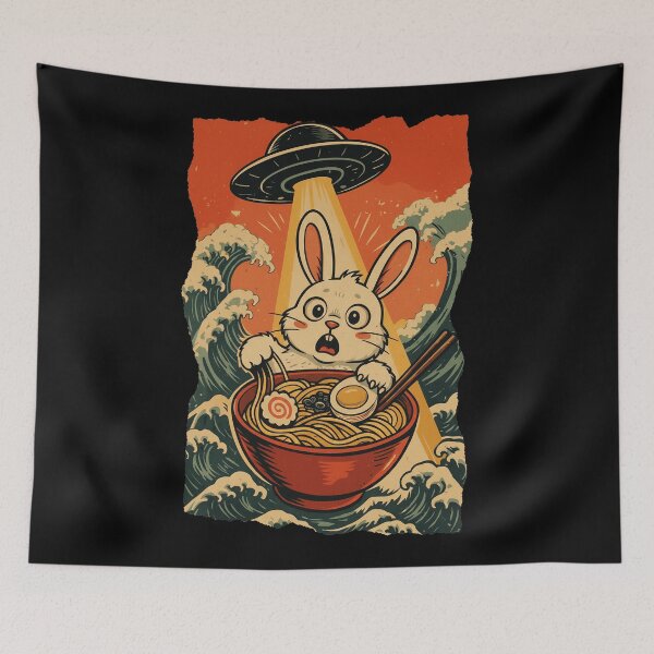 Item preview, UFO Abducting Rabbit Ramen Bowl Japanese Style Illustration designed and sold by JEFDodsonArt.