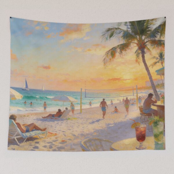 Item preview, Vibrant Beach Day Artwork, People Playing, Drinking & Sunbathing in Impressionism Style designed and sold by BlareBlare.