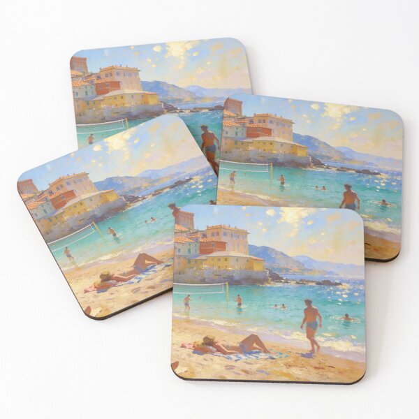 Item preview, Beautiful Coastal Beach Painting, Lively Seaside Crowd & Architecture Landscape Art designed and sold by BlareBlare.