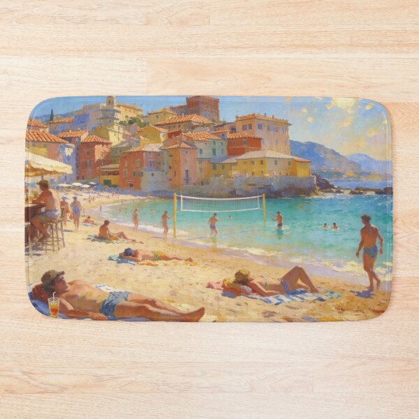 Item preview, Beautiful Coastal Beach Painting, Lively Seaside Crowd & Architecture Landscape Art designed and sold by BlareBlare.