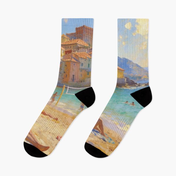 Item preview, Beautiful Coastal Beach Painting, Lively Seaside Crowd & Architecture Landscape Art designed and sold by BlareBlare.