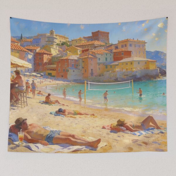 Item preview, Beautiful Coastal Beach Painting, Lively Seaside Crowd & Architecture Landscape Art designed and sold by BlareBlare.