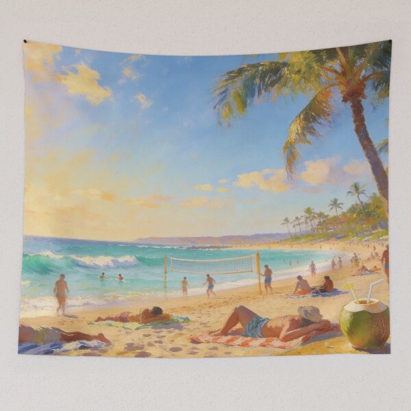 Item preview, Impressionist Beach Scene Painting, Lively Seaside with People Swimming & Relaxing Wall Art designed and sold by BlareBlare.