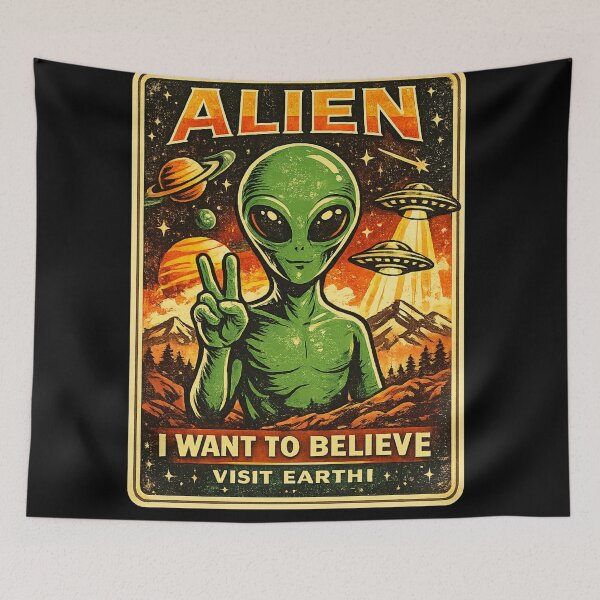 Item preview, Retro Alien Peace Sign – UFO Vintage Sci-Fi Poster | I Want to Believe designed and sold by AvalonTshirts.