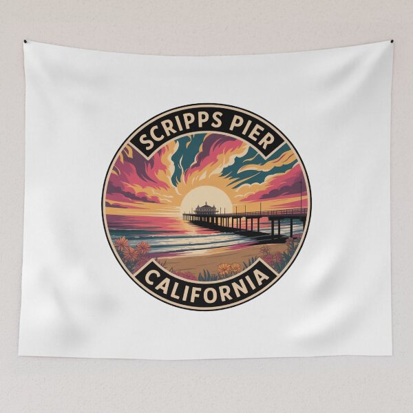 Item preview, Scripps Pier California: Colorful Coastal Landscape Illustration designed and sold by CircinusStore.