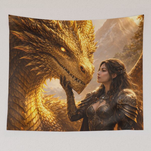 Item preview, Golden Dragon and Dragon Rider – Epic Fantasy Dragon Guardian Artwork designed and sold by DrakariArt.