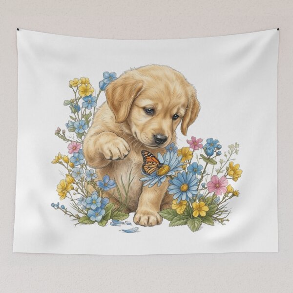Item preview, "Springtime Sweetness: Golden Retriever Puppy and Papillon" designed and sold by CHRIST5000.