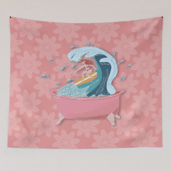 Item preview, SURFING IN THE BATHTUB, pink background fan designed and sold by WONDERPRINTVALLEY.