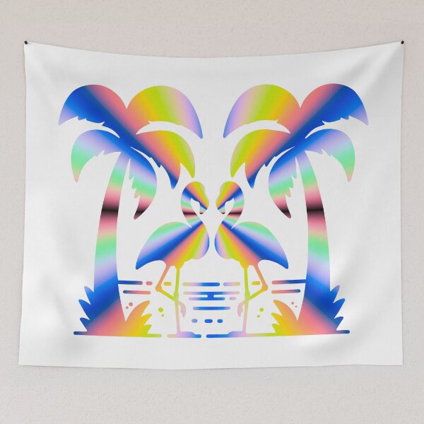 Item preview, Colorful flamingos among palm trees by the sea designed and sold by Segasprojects.