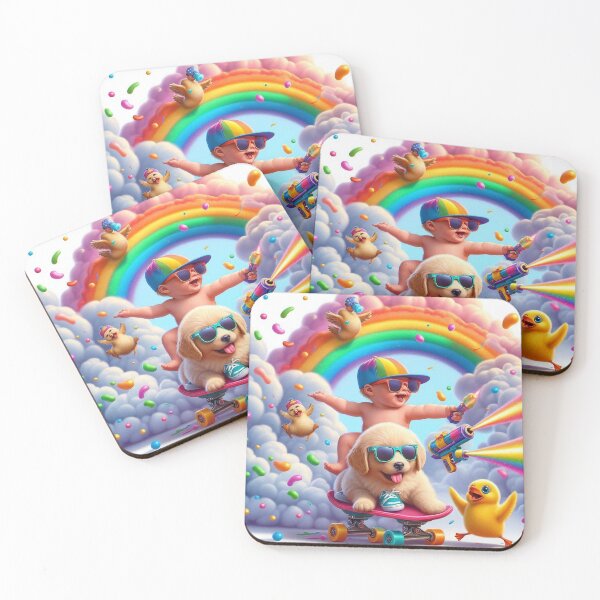Item preview, Baby Skateboarding Through Rainbow with Party Dog & Dancing Duck designed and sold by Mitaudesign.