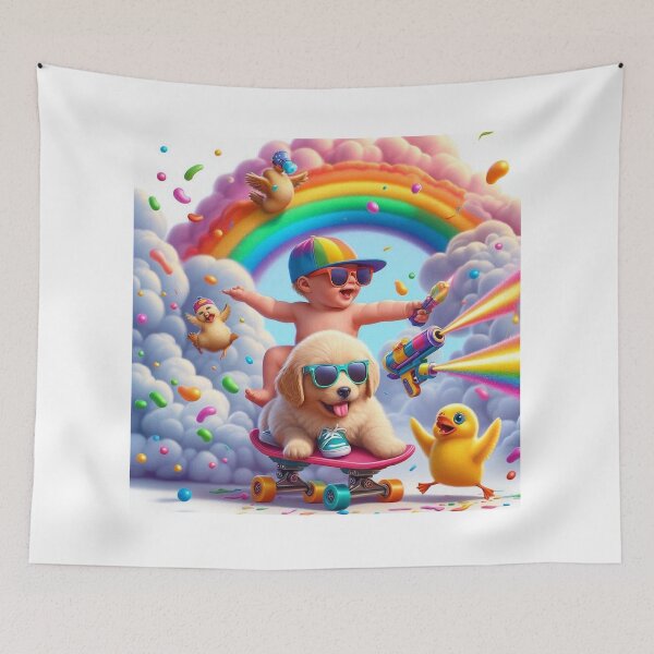 Item preview, Baby Skateboarding Through Rainbow with Party Dog & Dancing Duck designed and sold by Mitaudesign.