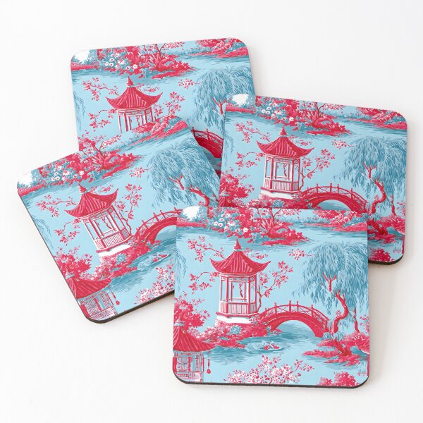 Artikelvorschau, Eleganter Pagodengarten im Chinoiserie-Stil in leuchtendem Rot und Babyblau entworfen und verkauft von SophieClimaArt.