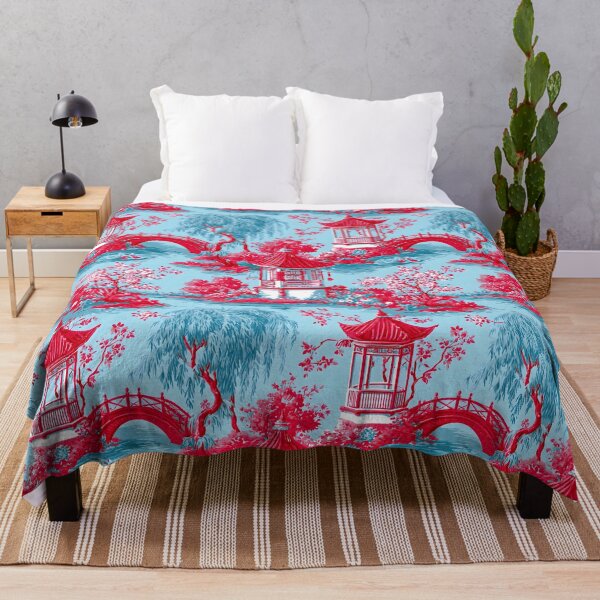 Item preview, Preppy Chinoiserie pagoda garden in bright red and baby blue designed and sold by SophieClimaArt.