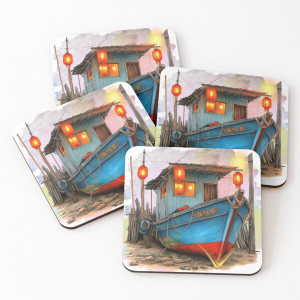Item preview, Coastal Fishing Boat by Lantern Light | Rustic Seaside Village Illustration designed and sold by ChenEngEng.