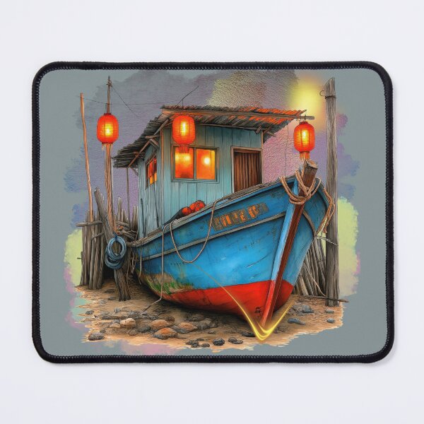 Item preview, Coastal Fishing Boat by Lantern Light | Rustic Seaside Village Illustration designed and sold by ChenEngEng.