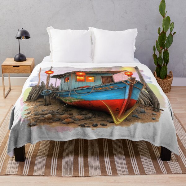 Item preview, Coastal Fishing Boat by Lantern Light | Rustic Seaside Village Illustration designed and sold by ChenEngEng.