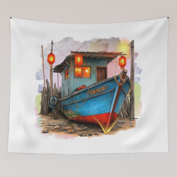 Item preview, Coastal Fishing Boat by Lantern Light | Rustic Seaside Village Illustration designed and sold by ChenEngEng.