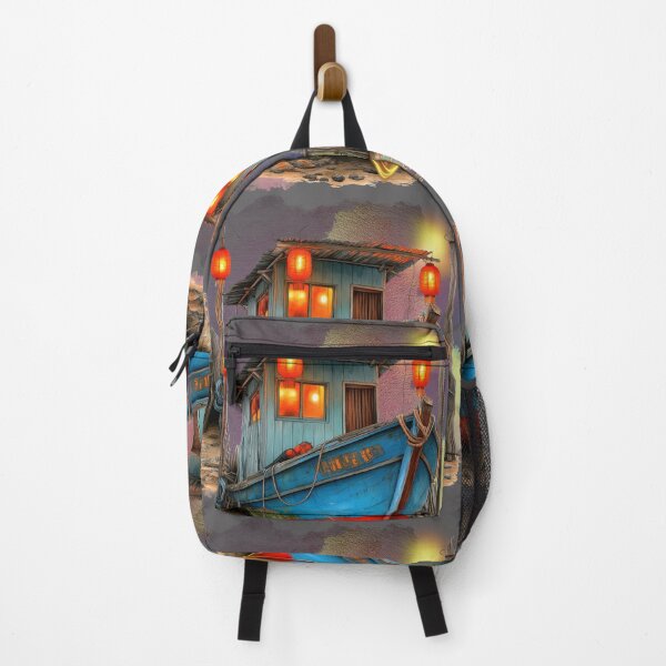 Item preview, Coastal Fishing Boat by Lantern Light | Rustic Seaside Village Illustration designed and sold by ChenEngEng.