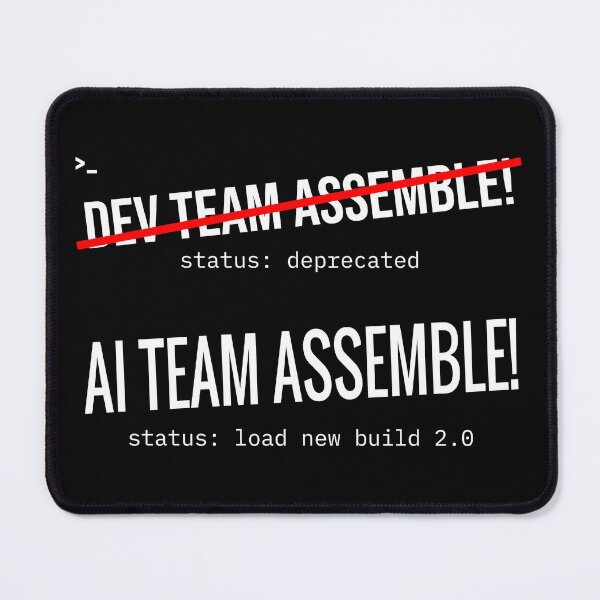 Item preview, AI Team Assemble! – Minimalist tech humor design with a crossed-out dev team designed and sold by TerminalStore.