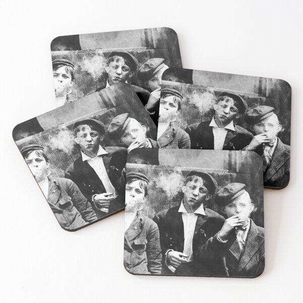 Item preview, Newsies, 1910 vintage news boys smoking cigarettes black and white photograph poster art print designed and sold by Astrid Arkhangelsky.