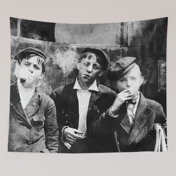 Item preview, Newsies, 1910 vintage news boys smoking cigarettes black and white photograph poster art print designed and sold by Astrid Arkhangelsky.