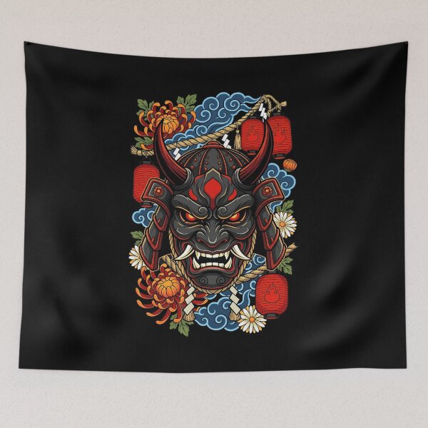 Item preview, Black Samurai Demon Mask With Chrysanthemum And Glowing Lanterns designed and sold by Tong4130.