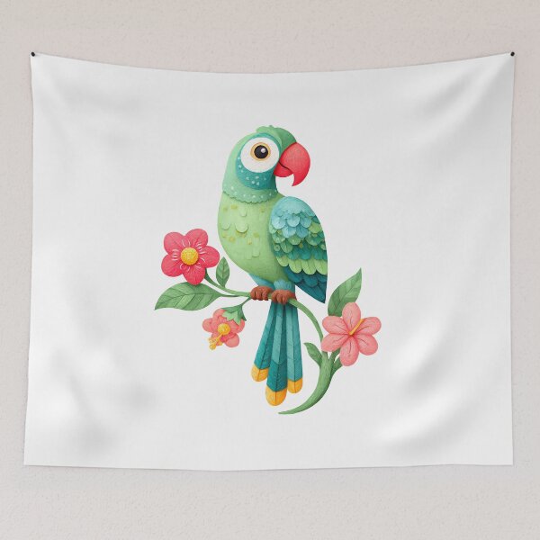 Item preview, Cute Green Parrot Hibiscus - Vibrant Tropical Bird Art Print designed and sold by DesignArtist.ia.