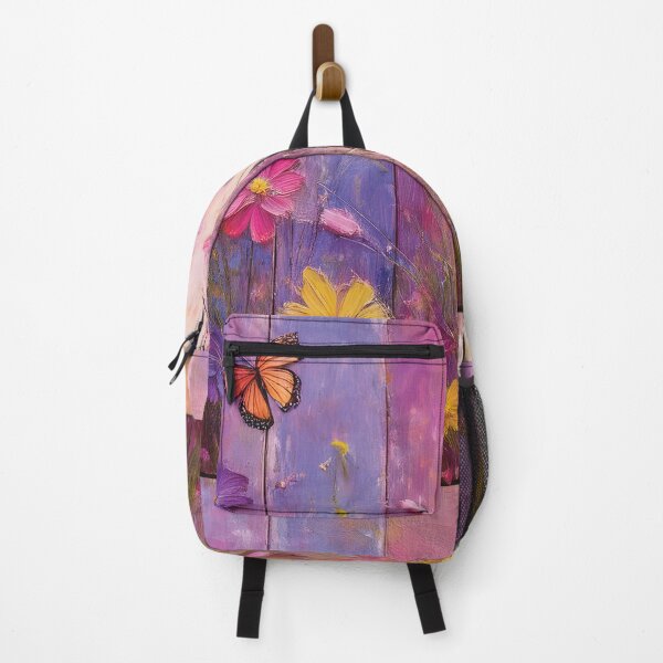 Item preview, Purple lavender yellow and dusty Pink spring flowers and butterflies oil painting boho, minimalist, wildflowers on fence designed and sold by navitalidesign.