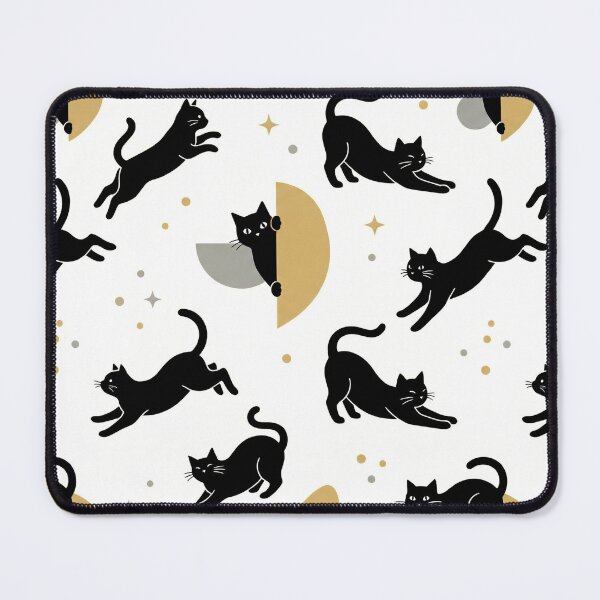 Item preview, A playful pattern of black cats jumping on a white background with gold and gray accents designed and sold by Creative88Art.