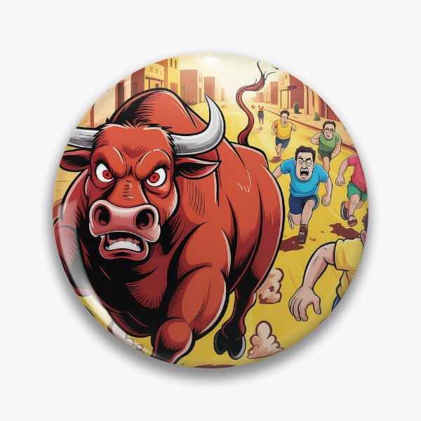 Item preview, Angry Bull Chase - Vibrant Cartoon Illustration with Runners Fleeing designed and sold by Pro AguiZoul Art.