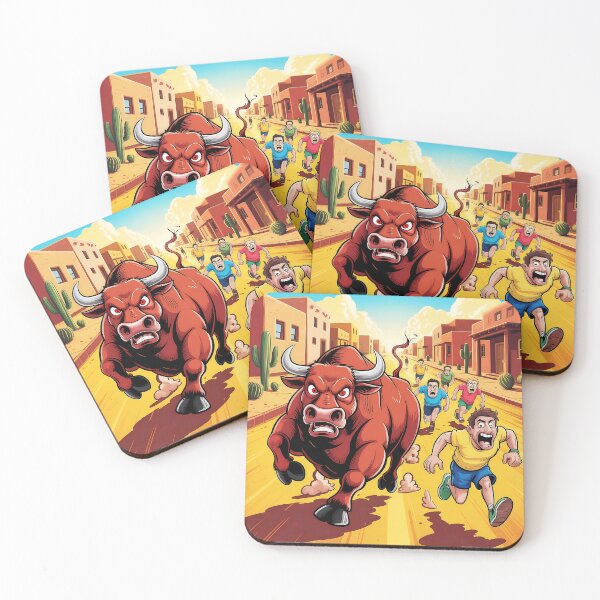 Item preview, Angry Bull Chase - Vibrant Cartoon Illustration with Runners Fleeing designed and sold by Pro AguiZoul Art.