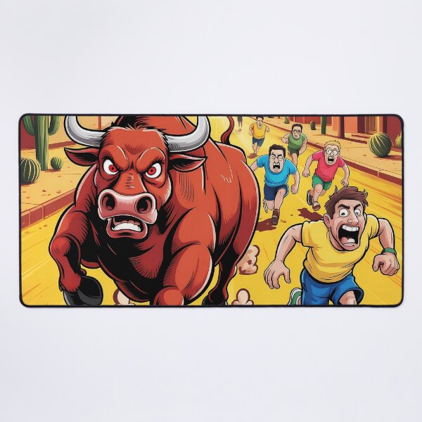 Item preview, Angry Bull Chase - Vibrant Cartoon Illustration with Runners Fleeing designed and sold by Pro AguiZoul Art.