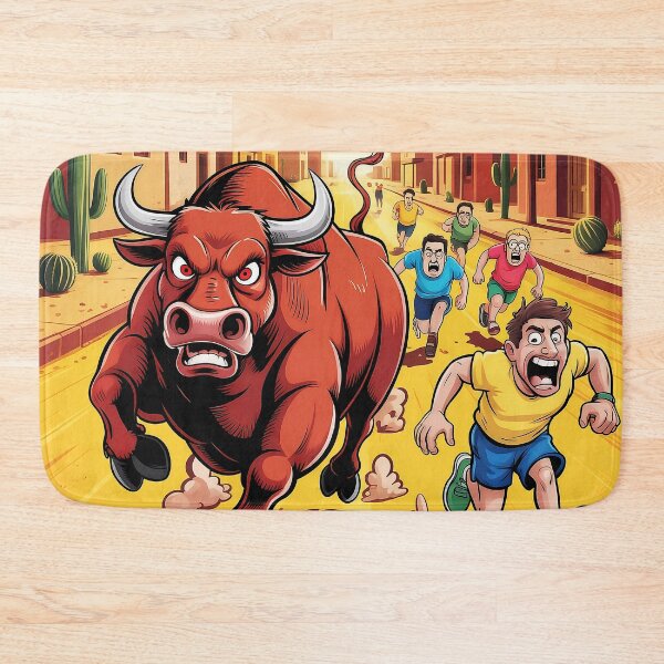 Item preview, Angry Bull Chase - Vibrant Cartoon Illustration with Runners Fleeing designed and sold by Pro AguiZoul Art.